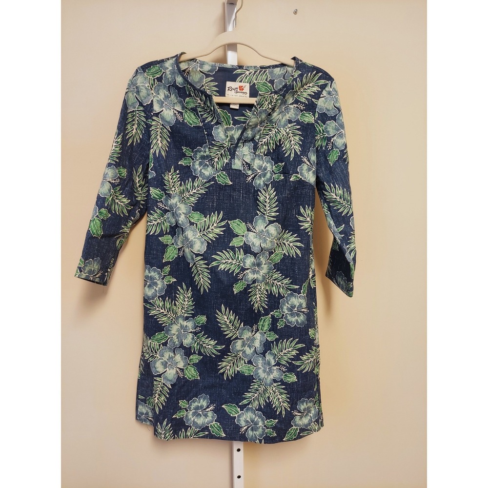 Reyn Spooner Limited Issue Blue Hibiscus Floral Split Neck Shift Dress XS
